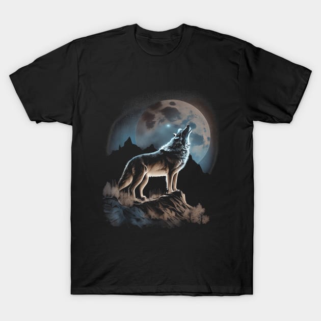 Wolf Lookout Full Moon on Mountain T-Shirt by The Full Moon Shop